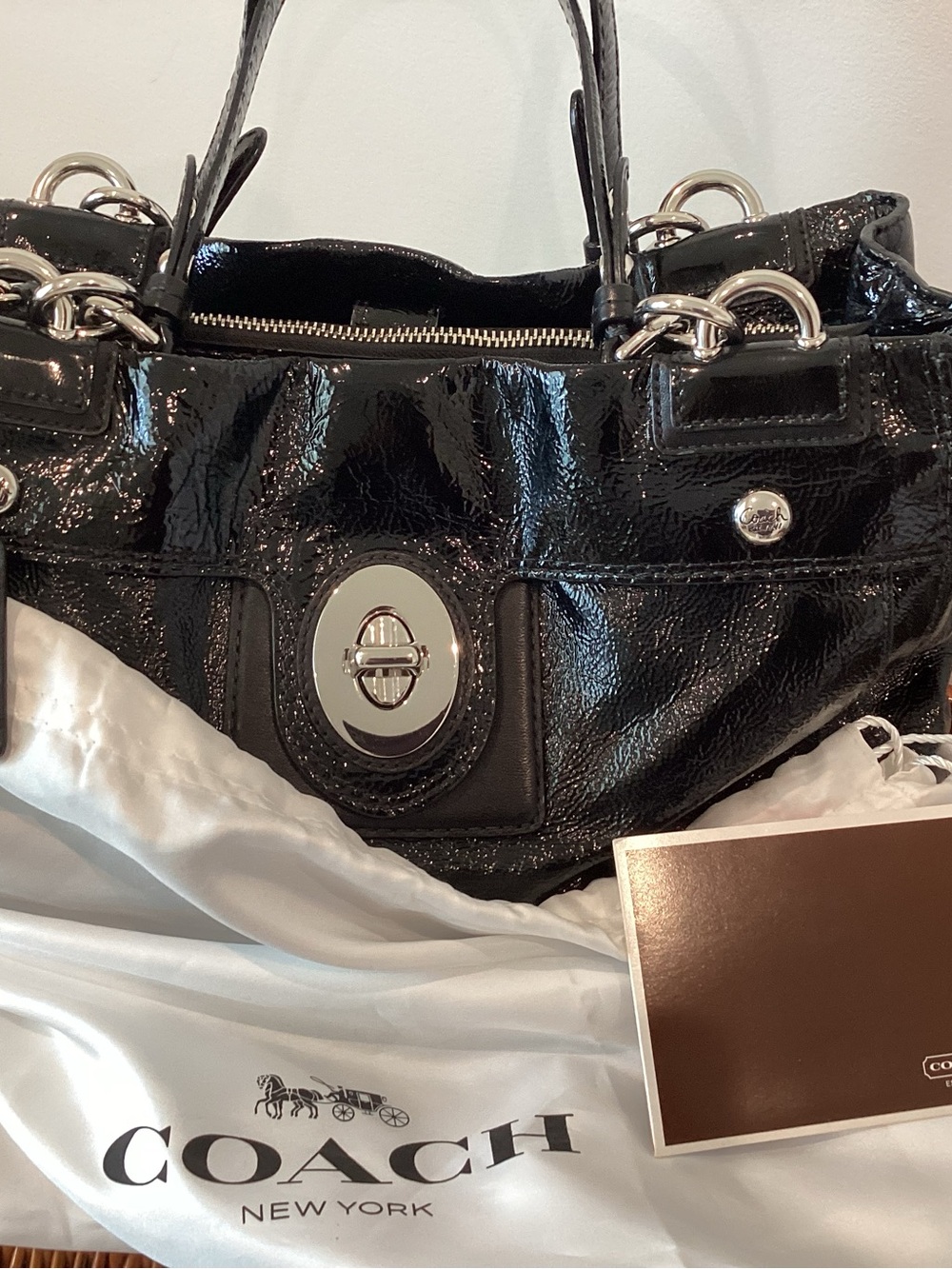 Coach Peyton Black Patent Leather Turnlock Shoulder Bag with Silver Hardware